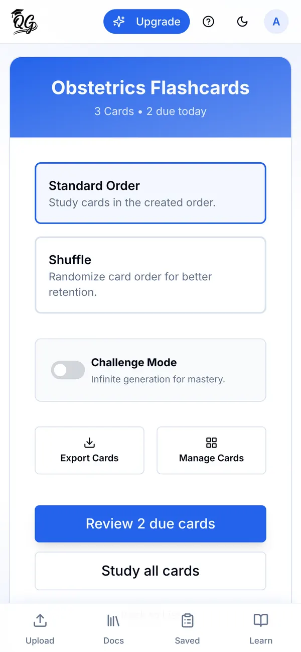 Cards made from a lecture PDF, and the cards due today.