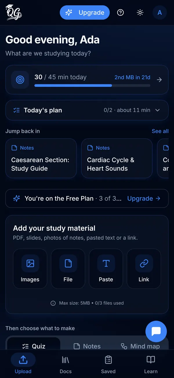 Upload your notes; study the flashcards made from them.