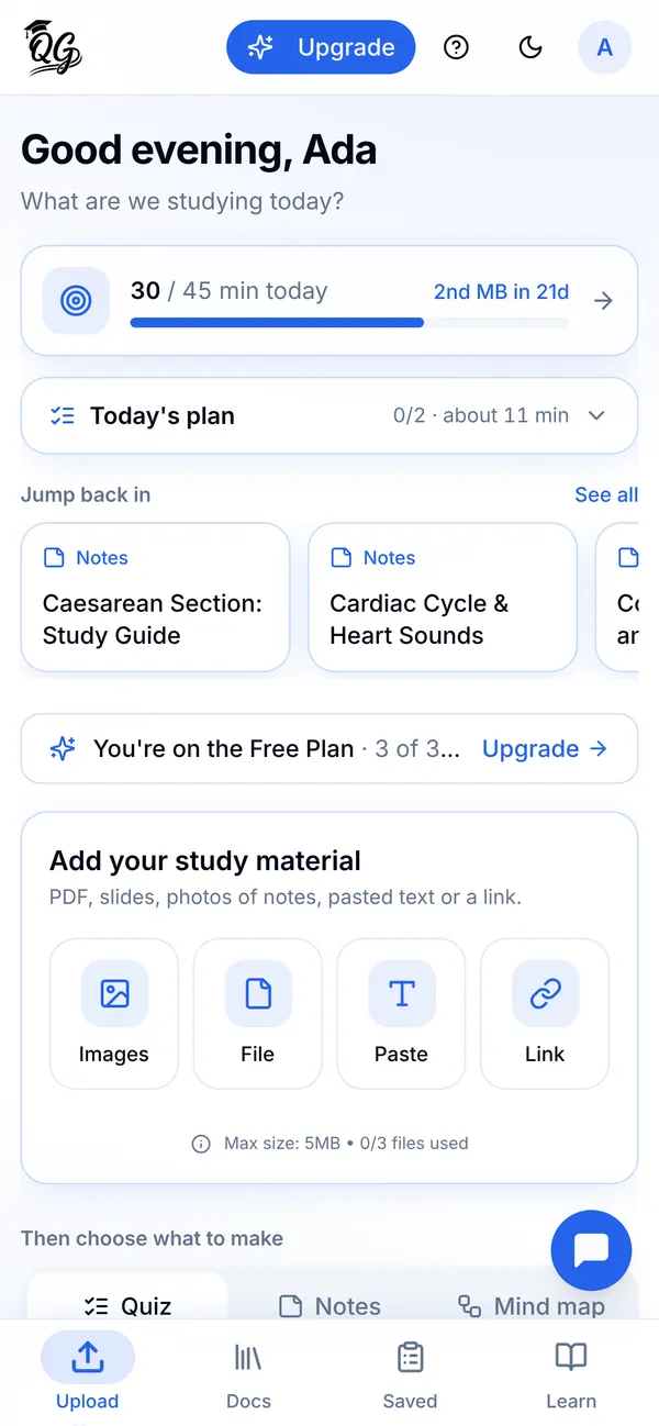 Upload your notes; study the flashcards made from them.
